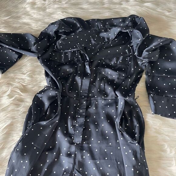 Lucky Brand Polkadot Printed Button Front Satin Jumpsuit in Black and White - Picture 9 of 12